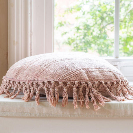 Round Clay Pink Sofa/Chair/Bed Cushion - 100% Cotton, Large Tassels, 50cm Dia