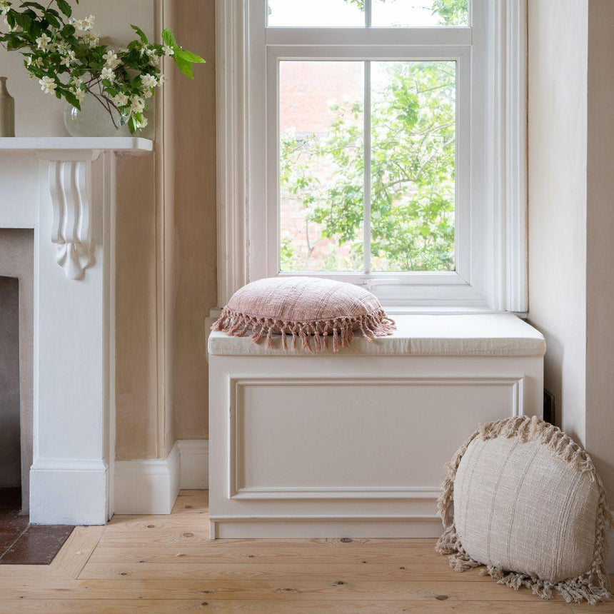 Round Clay Pink Sofa/Chair/Bed Cushion - 100% Cotton, Large Tassels, 50cm Dia