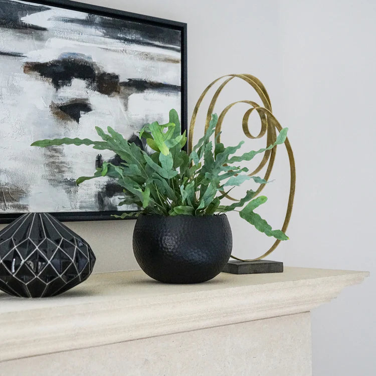Small Indoor Planter Hammered Bowl Silver Nickel & Black - High-Shine Finish, Waterproof