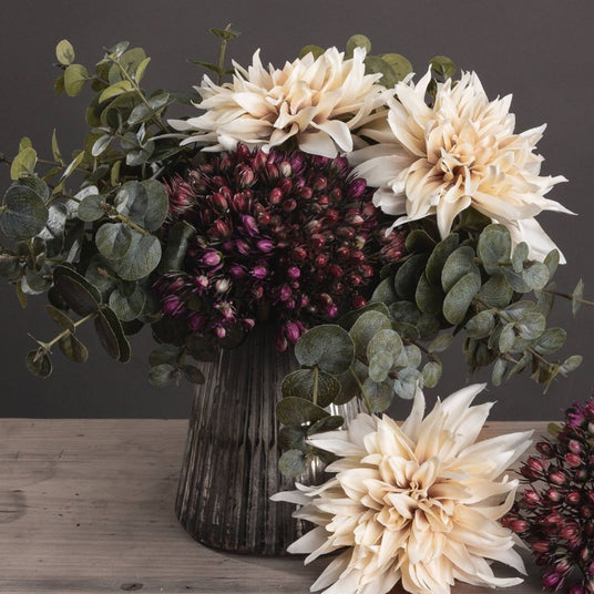 Eucalyptus Spray used as a filler for a faux floral display in silver vase