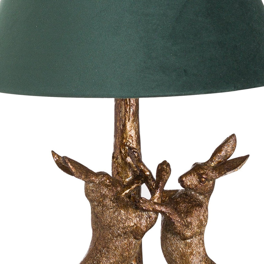 Antique Gold Marching Hares Lamp With Green Velvet Shade - Decor Sanctuary UK curated collection of luxury home decor