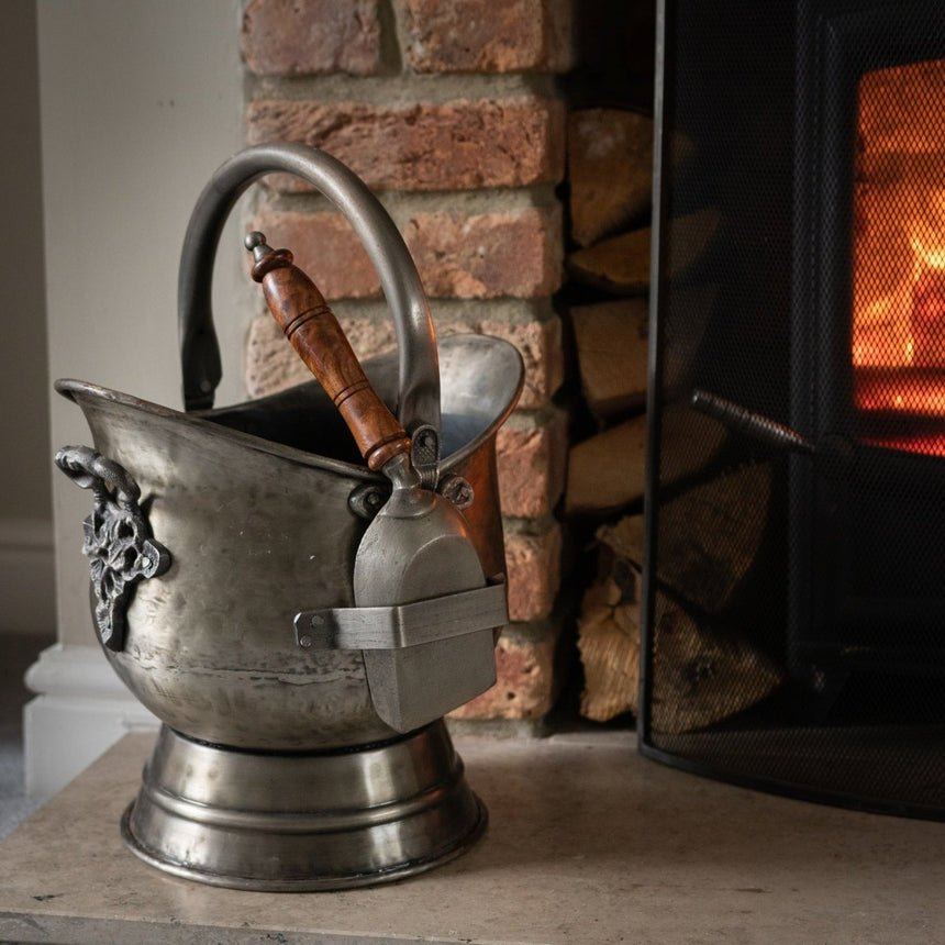Striking Antique Pewter Coal Bucket with Shovel With Ornate Curved Handle Luxury Home Decor Garden & Outdoor And Gifts