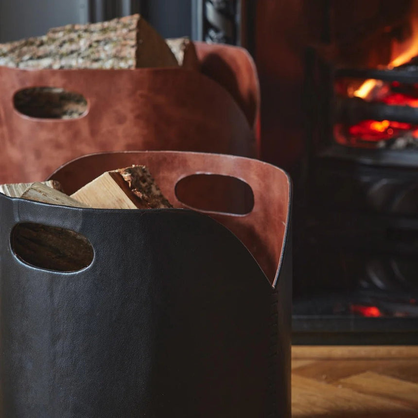 Black Faux Leather Log Bucket H30cm W40cm Luxury Home Decor Garden & Outdoor And Gifts