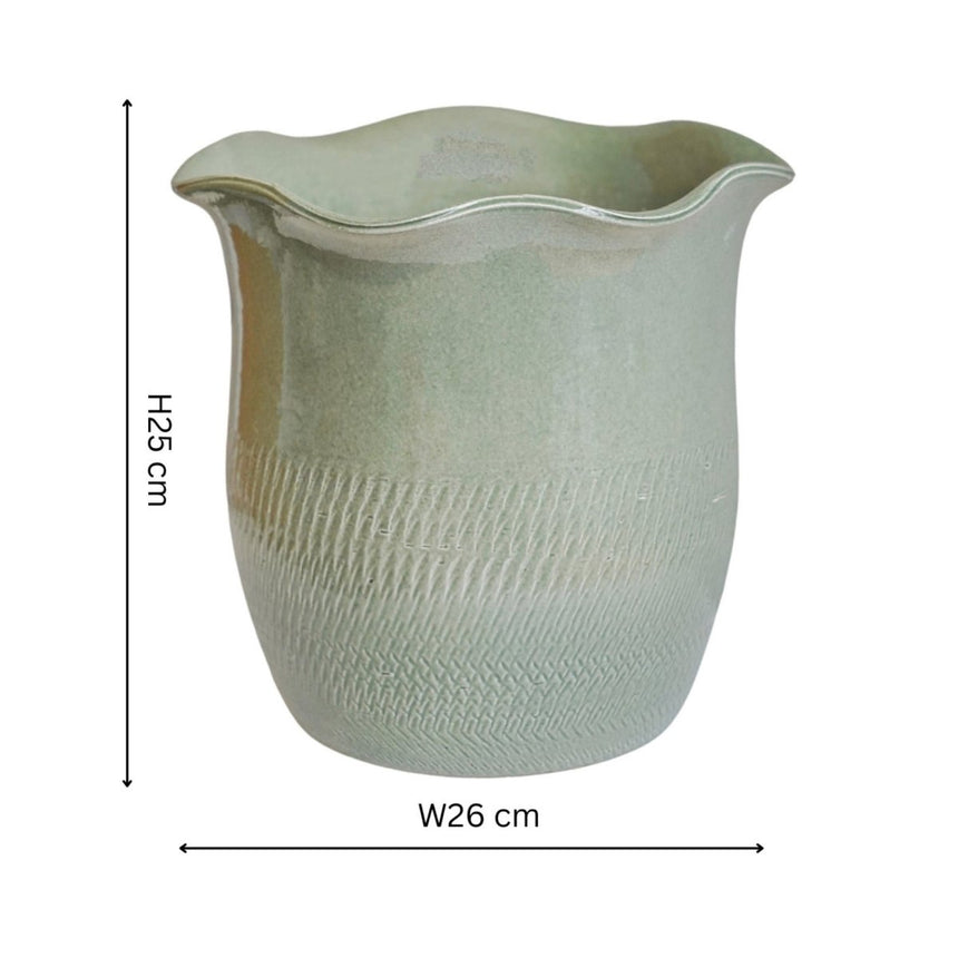 Camellia Indoor Planter Sage Green Ceramic - Scalloped Edge, Waterproof, Handfinished Quality Home Decor Garden & Outdoor Living and Gifts