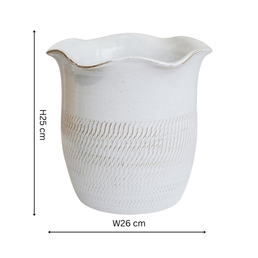 Camellia Indoor Planter White Ceramic - Scalloped Edge, Waterproof, Handfinished Quality Home Decor Garden & Outdoor Living and Gifts