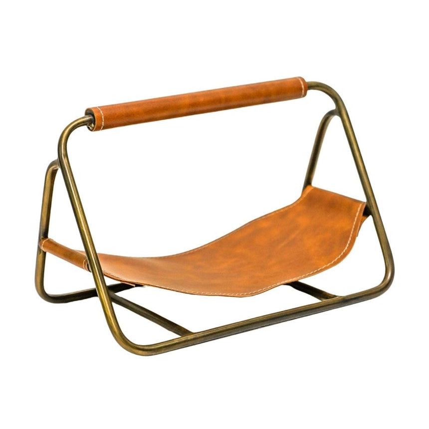 Contemporary Antique Brass with Hanging Leather Kindling Holder Luxury Home Decor Garden & Outdoor And Gifts