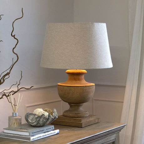 Delaney Wood Natural Wash Urn Lamp & Linen Shade - Stylish Table Lamps UK Luxury Home Decor Garden & Outdoor And Gifts
