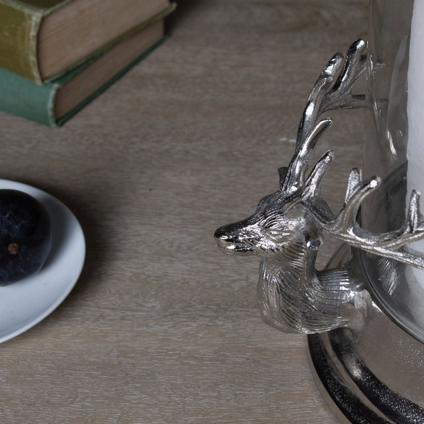 Eye - catching Silver Majestic Stags Hurricane Lantern 38cm Tall - Candle Lanterns UK Luxury Home Decor Garden & Outdoor And Gifts