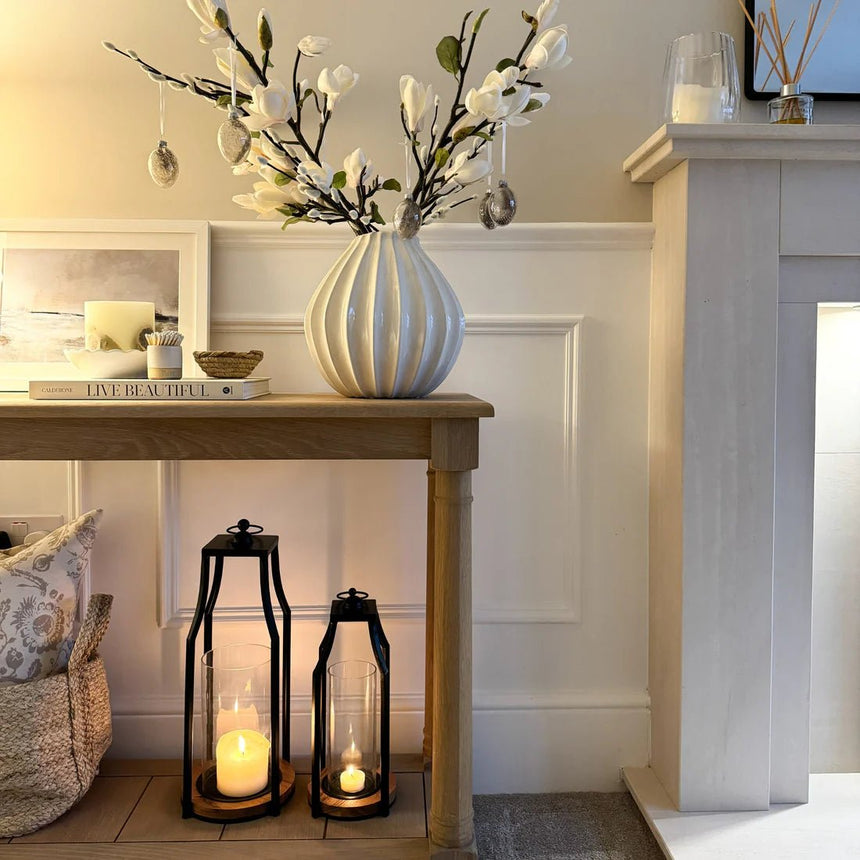 Felicity Circular Base Lantern in Acacia Wood/Black H44cm W20cm Luxury Home Decor Garden & Outdoor And Gifts