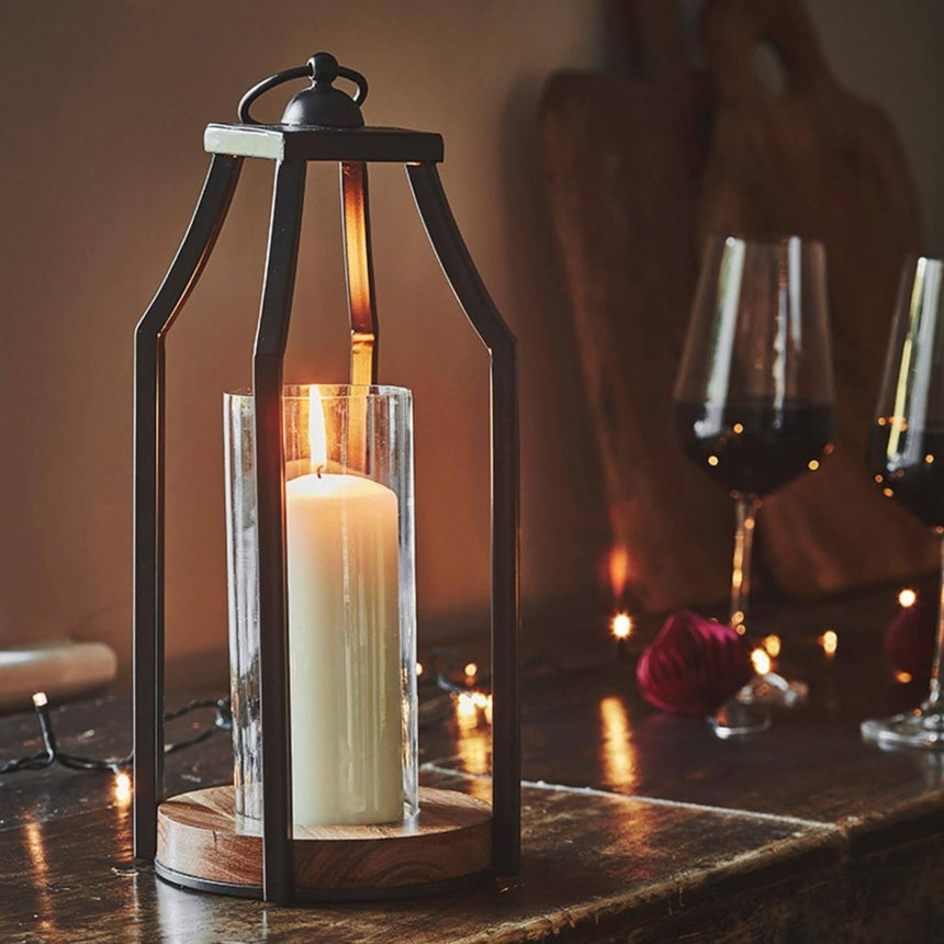 Felicity Circular Base Lantern in Acacia Wood/Black H44cm W20cm Luxury Home Decor Garden & Outdoor And Gifts