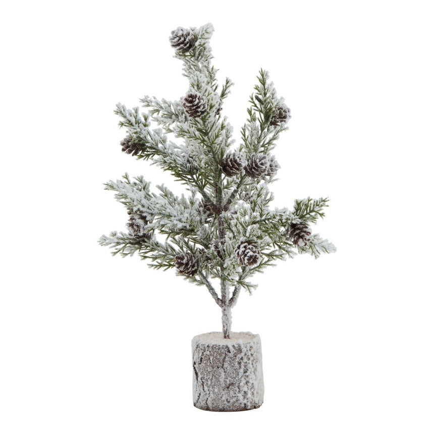 Forest Collection - Snow Covered Fir Tree With Pinecones In Wood Log Decoration Ornament - Small 30cm Tall Luxury Home Decor Garden & Outdoor And Gifts