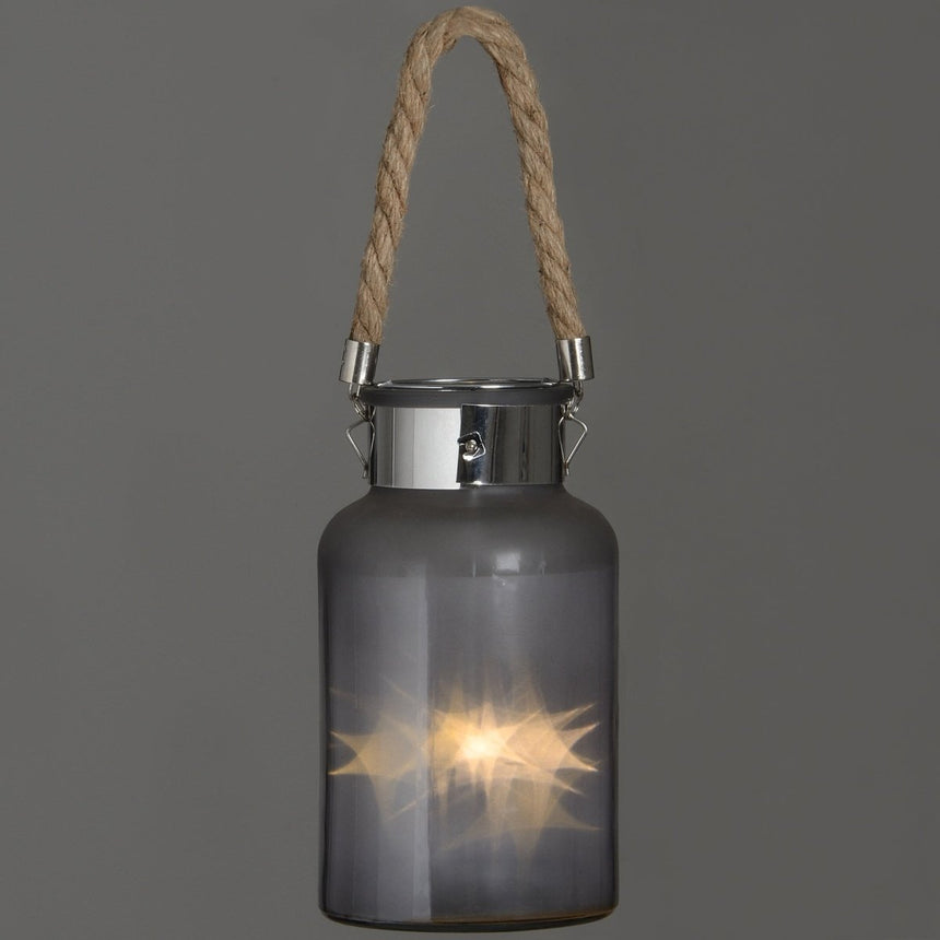 Frosted Glass Lantern with Rope Detail and Interior LED - Candle Lanterns UK Luxury Home Decor Garden & Outdoor And Gifts