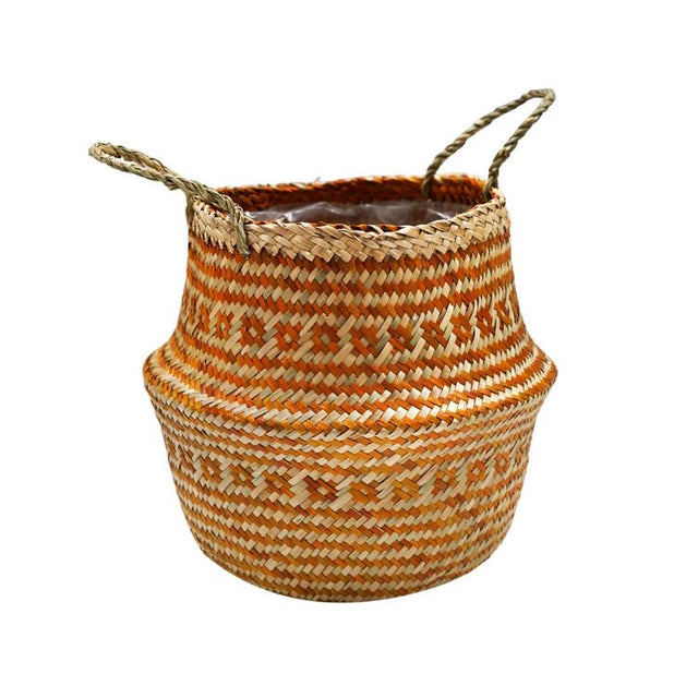 Hand Finished Seagrass Indoor Basket Planter or Stylish Storage - Mustard Orange Tribal Design Luxury Home Decor Garden & Outdoor And Gifts