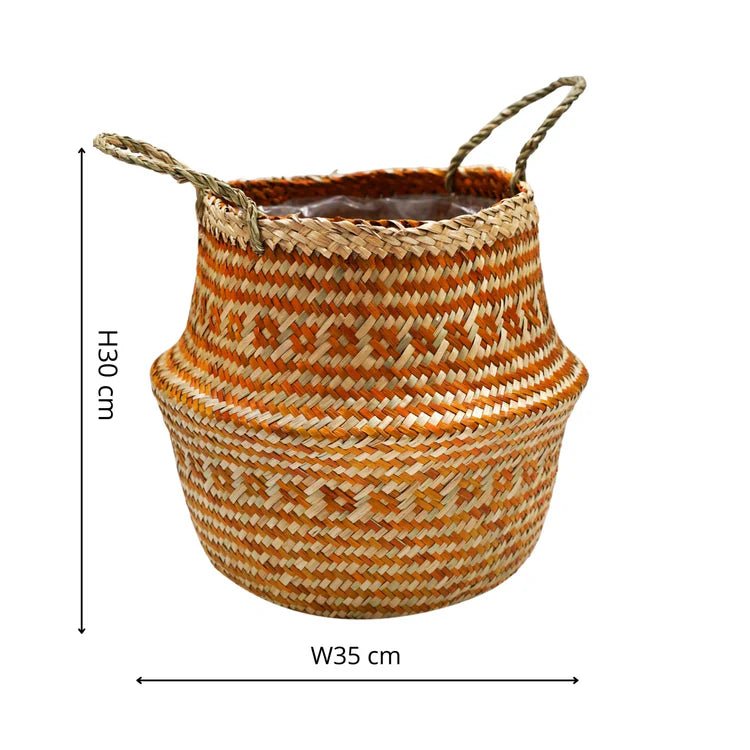 Hand Finished Seagrass Indoor Basket Planter or Stylish Storage - Mustard Orange Tribal Design Luxury Home Decor Garden & Outdoor And Gifts