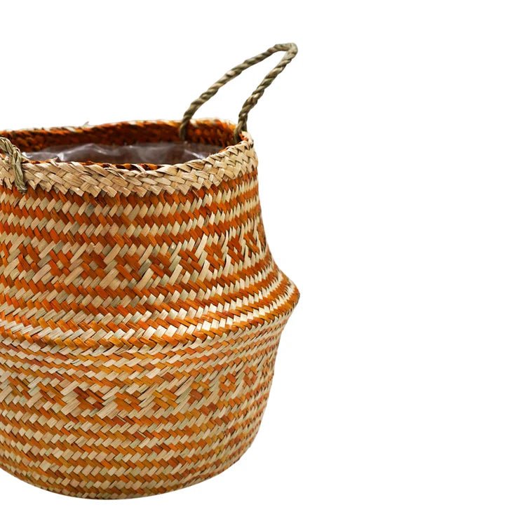 Hand Finished Seagrass Indoor Basket Planter or Stylish Storage - Mustard Orange Tribal Design Luxury Home Decor Garden & Outdoor And Gifts