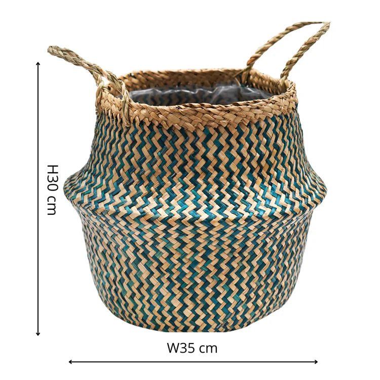 Hand Finished Seagrass Indoor Basket Planter or Stylish Storage - Teal Blue Chevron Design Luxury Home Decor Garden & Outdoor And Gifts