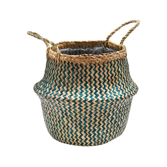 Hand Finished Seagrass Indoor Basket Planter or Stylish Storage - Teal Blue Chevron Design Luxury Home Decor Garden & Outdoor And Gifts
