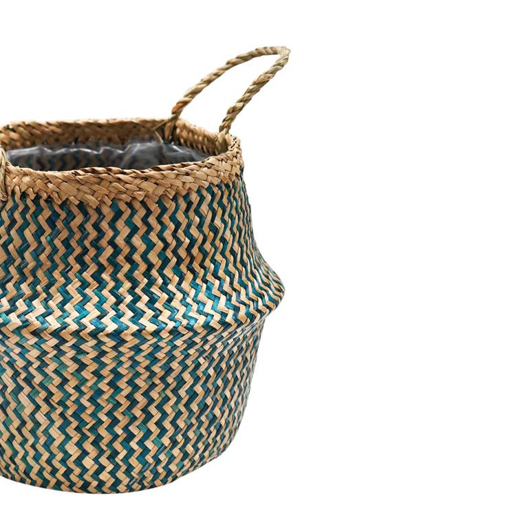 Hand Finished Seagrass Indoor Basket Planter or Stylish Storage - Teal Blue Chevron Design Luxury Home Decor Garden & Outdoor And Gifts