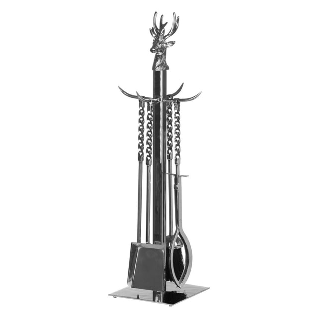Large 67cm Tall Silver Finish Companion Set with Handmade Stag Head Luxury Home Decor Garden & Outdoor And Gifts