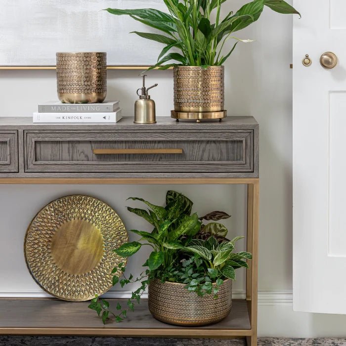 Indoor Gold - Tone Embossed Plant Tray Luxury Home Decor Garden & Outdoor And Gifts