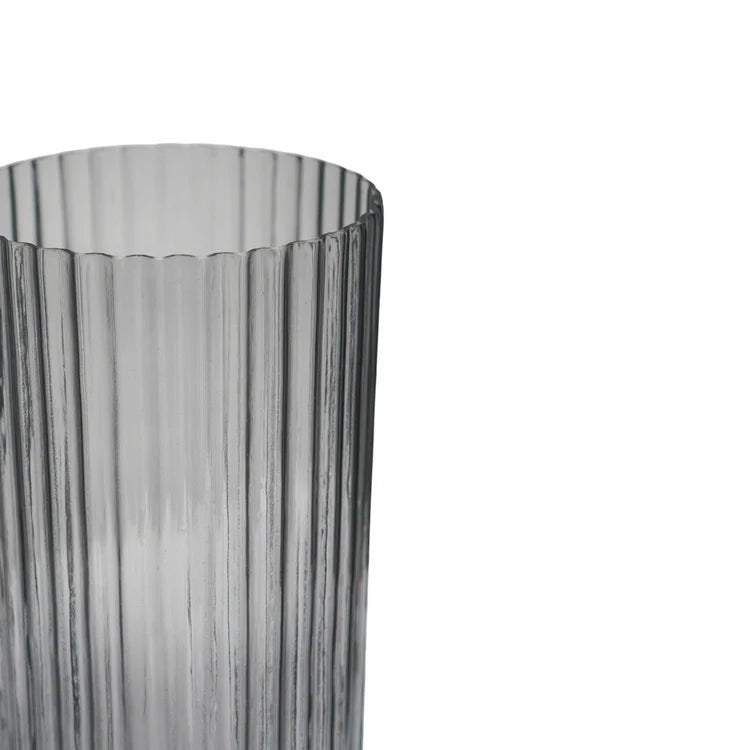 Indoor Sleek & Textured Ribbed Cylinder Glass Vase - Clear Grey Luxury Home Decor Garden & Outdoor And Gifts