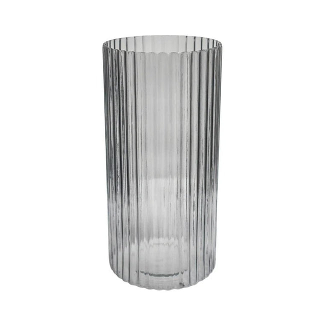 Indoor Sleek & Textured Ribbed Cylinder Glass Vase - Clear Grey Luxury Home Decor Garden & Outdoor And Gifts