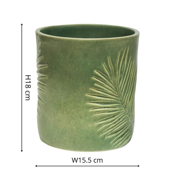 Kew Gardens Stoneware Palm Leaves Indoor Planter - Olive Green & Handmade Luxury Home Decor Garden & Outdoor And Gifts