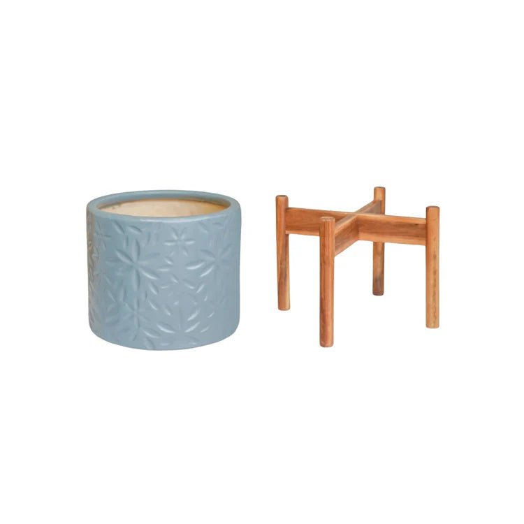 Large Cornflower Blue Indoor Planter With Stand - Embossed Flower Pattern Luxury Home Decor Garden & Outdoor And Gifts