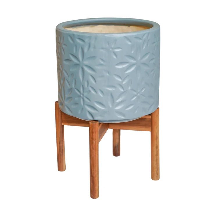 Large Cornflower Blue Indoor Planter With Stand - Embossed Flower Pattern Luxury Home Decor Garden & Outdoor And Gifts