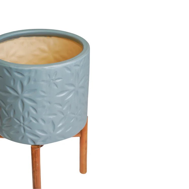 Large Cornflower Blue Indoor Planter With Stand - Embossed Flower Pattern Luxury Home Decor Garden & Outdoor And Gifts