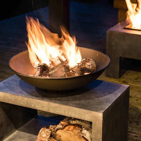 Large Garden Fire Pit/Bowl & Rectangle Console Cement Grey & Black Steel - Frost Resistant Quality Home Decor Garden & Outdoor Living and Gifts