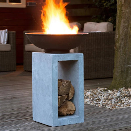Large Garden Fire Pit/Bowl & Square Console Cement Grey & Black Steel - Frost Resistant Quality Home Decor Garden & Outdoor Living and Gifts