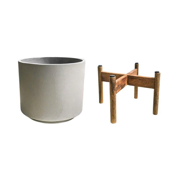 Large Grey Indoor Planter With Wooden Stand - Concrete Scandi Design Luxury Home Decor Garden & Outdoor And Gifts