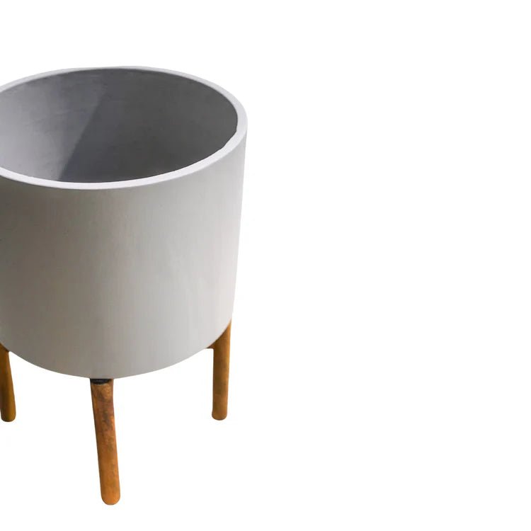 Large Grey Indoor Planter With Wooden Stand - Concrete Scandi Design Luxury Home Decor Garden & Outdoor And Gifts