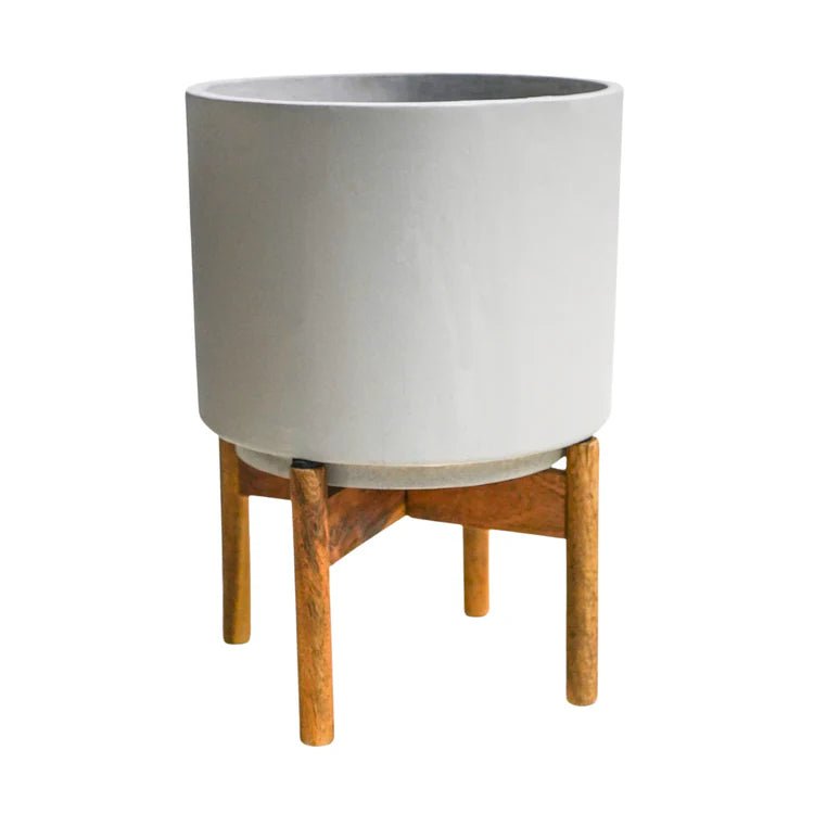 Large Grey Indoor Planter With Wooden Stand - Concrete Scandi Design Luxury Home Decor Garden & Outdoor And Gifts
