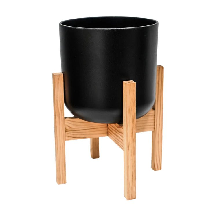 Large Indoor Black Ceramic Plant Pot - On Wooden Stand Luxury Home Decor Garden & Outdoor And Gifts