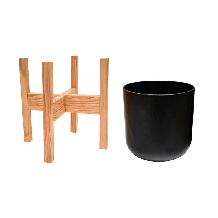 Large Indoor Black Ceramic Plant Pot - On Wooden Stand Luxury Home Decor Garden & Outdoor And Gifts