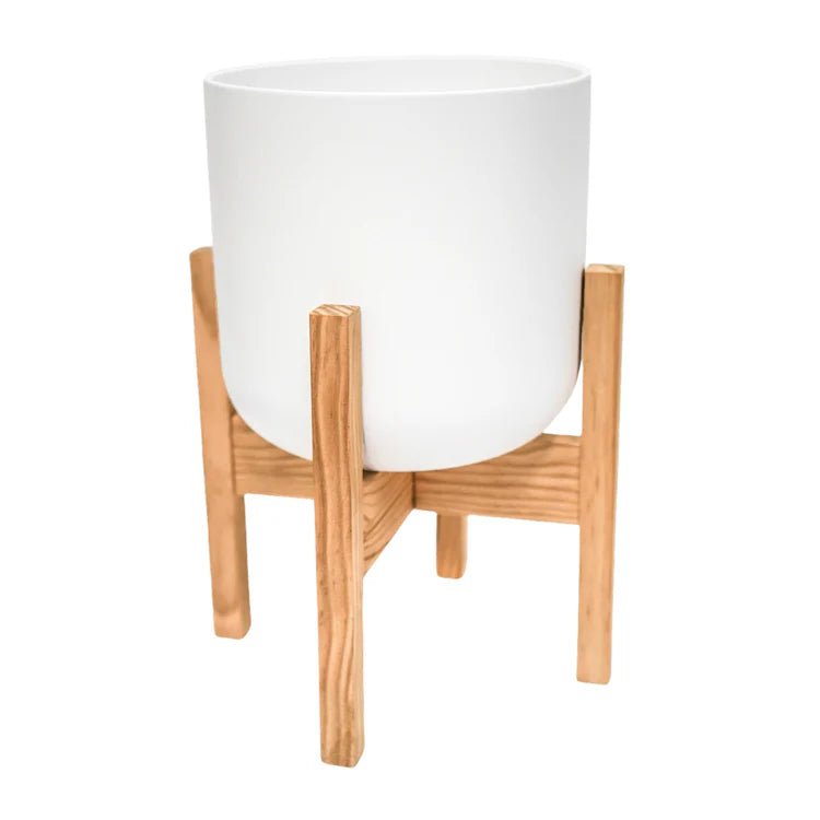 Large Indoor White Ceramic Plant Pot - On Wooden Stand Luxury Home Decor Garden & Outdoor And Gifts