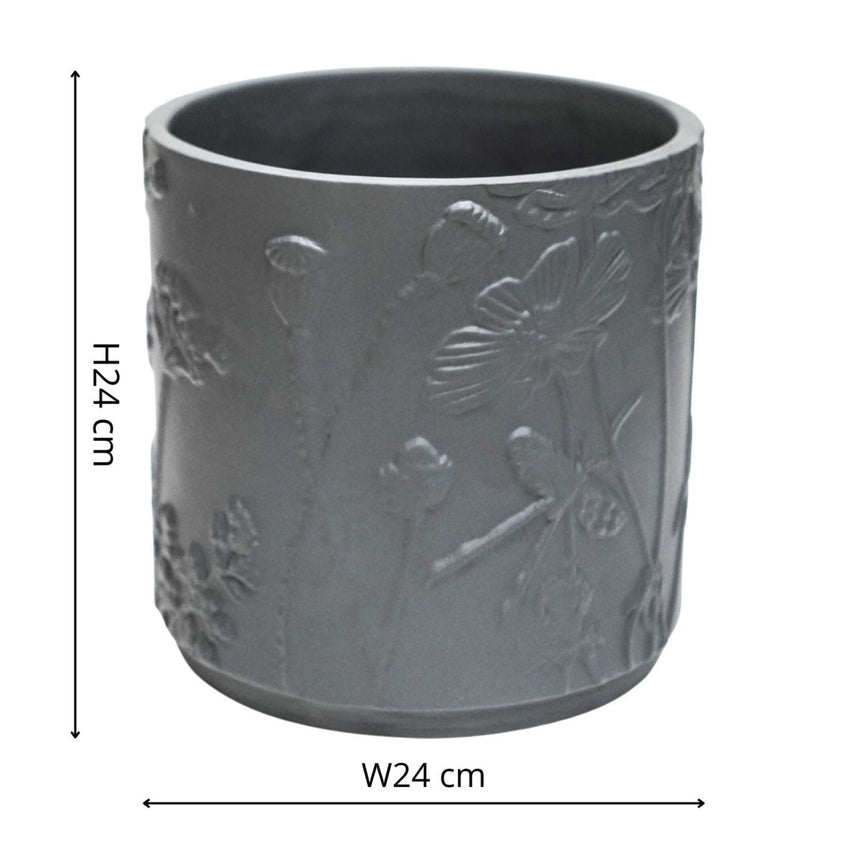 Large Kew Gardens Stoneware Dark Grey Indoor Planter - Handmade With a Meadow Flowers Embossed Pattern Luxury Home Decor Garden & Outdoor And Gifts