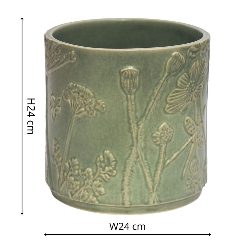 Large Kew Gardens Stoneware Olive Indoor Planter - Handmade With a Meadow Flowers Embossed Pattern Luxury Home Decor Garden & Outdoor And Gifts