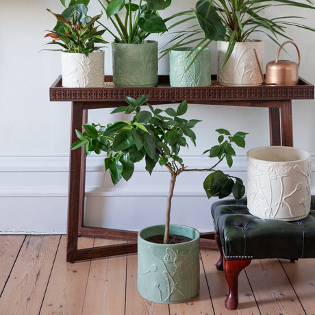 Large Kew Gardens Stoneware Olive Indoor Planter - Handmade With a Meadow Flowers Embossed Pattern Luxury Home Decor Garden & Outdoor And Gifts