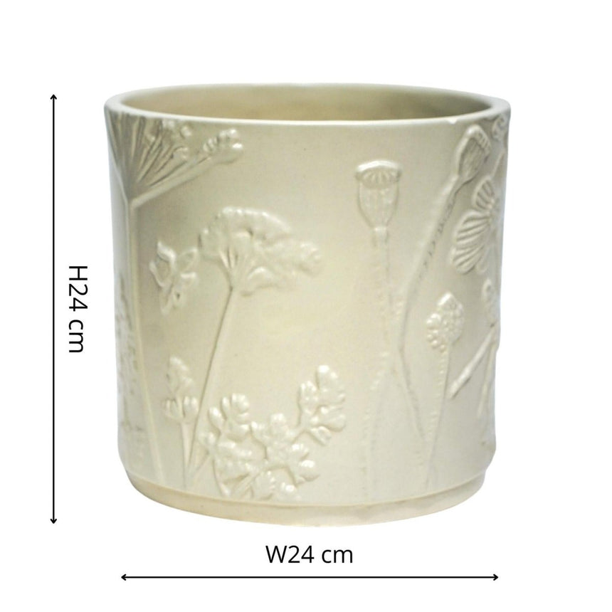 Large Kew Gardens Stoneware Ivory Indoor Planter - Handmade With a Meadow Flowers Embossed Pattern Luxury Home Decor Garden & Outdoor And Gifts