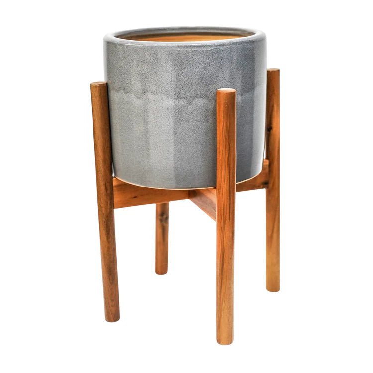 Large Silver Grey Ceramic Indoor Planter Stand - With Tall Wooden Legs Luxury Home Decor Garden & Outdoor And Gifts