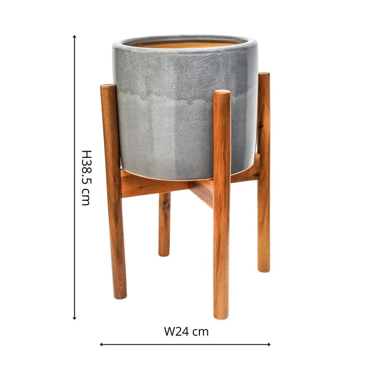 Large Silver Grey Ceramic Indoor Planter Stand - With Tall Wooden Legs Luxury Home Decor Garden & Outdoor And Gifts