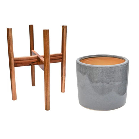 Large Silver Grey Ceramic Indoor Planter Stand - With Tall Wooden Legs Luxury Home Decor Garden & Outdoor And Gifts