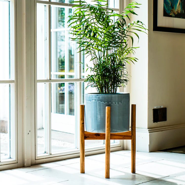 Large Silver Grey Ceramic Indoor Planter Stand - With Tall Wooden Legs Luxury Home Decor Garden & Outdoor And Gifts