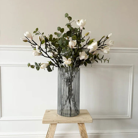 Large Tall - Indoor Sleek & Textured Ribbed Cylinder Glass Vase - Clear Grey Luxury Home Decor Garden & Outdoor And Gifts