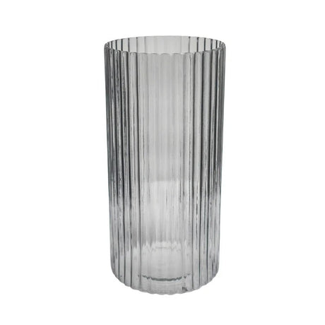 Large Tall - Indoor Sleek & Textured Ribbed Cylinder Glass Vase - Clear Grey Luxury Home Decor Garden & Outdoor And Gifts