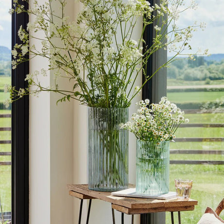 Large Tall - Indoor Sleek & Textured Ribbed Cylinder Glass Vase - Sage Green Luxury Home Decor Garden & Outdoor And Gifts