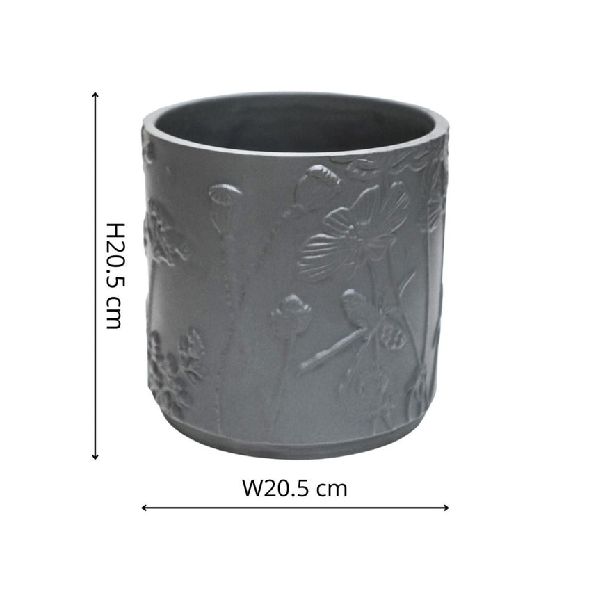 Medium Kew Gardens Stoneware Dark Grey Indoor Planter - Handmade With a Meadow Flowers Embossed Pattern Luxury Home Decor Garden & Outdoor And Gifts